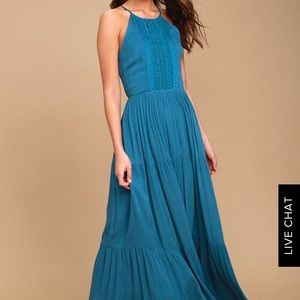 Lulus For Life Teal Blue Embroidered Maxi Dress